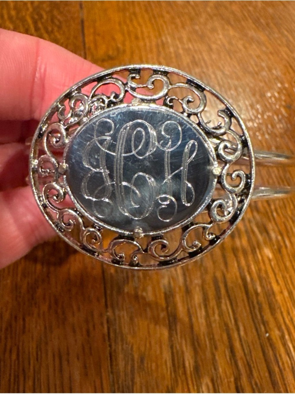 "JCH" Monogram Silver Filigree Oval Bracelet - Personalized Accent